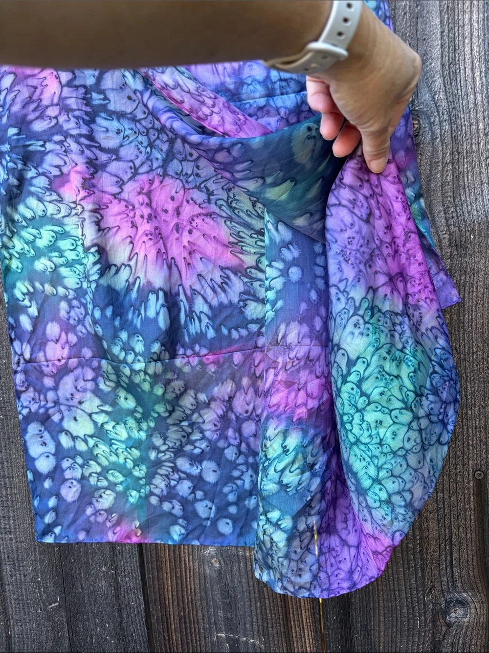 100% Silk Hand Dyed Art to Wear Sheer Neck Scarf Purple Turquoise & Navy Soft!
